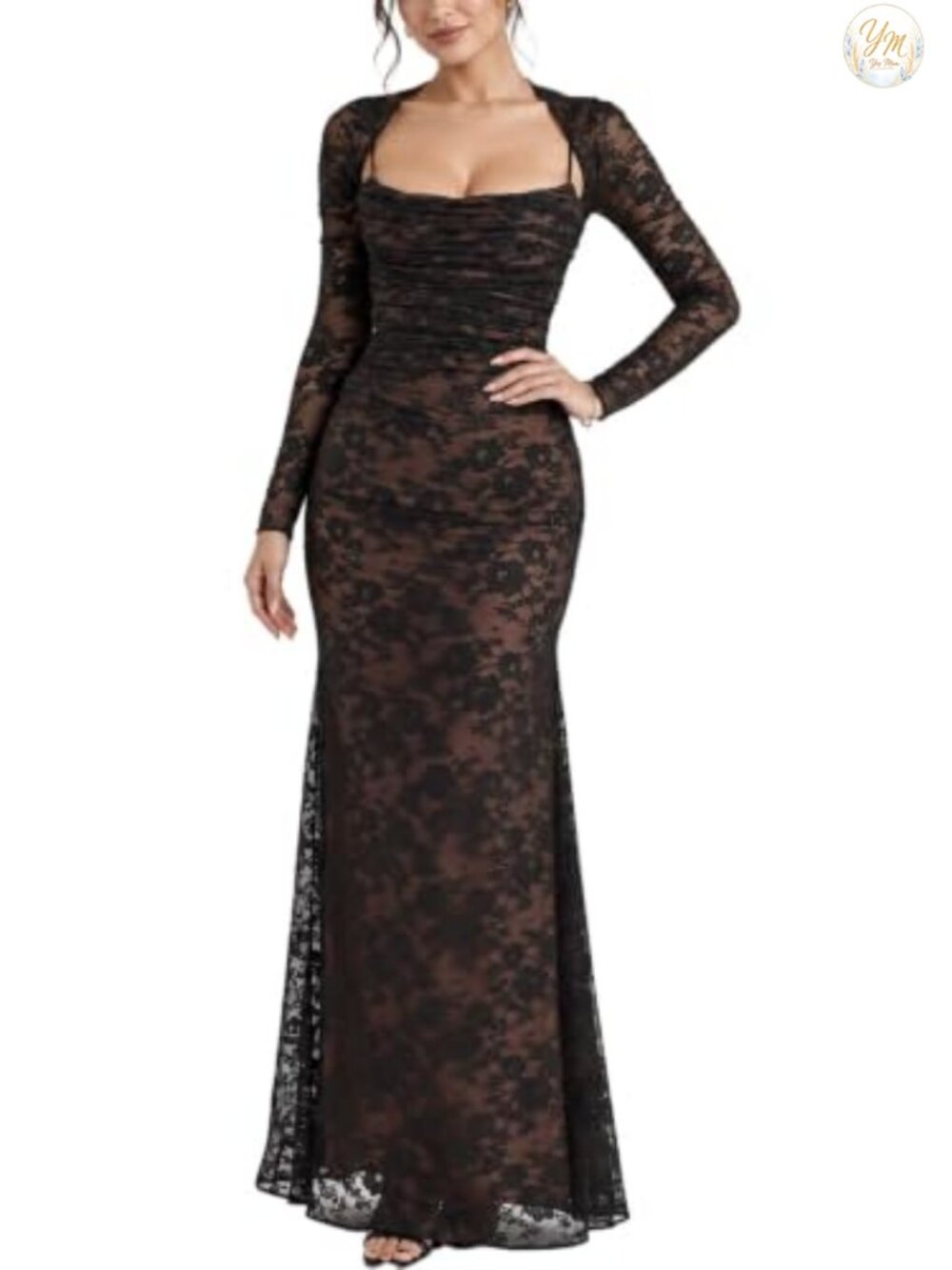Lace Maxi Dress Spaghetti Strap Long Sleeve Bodycon Formal